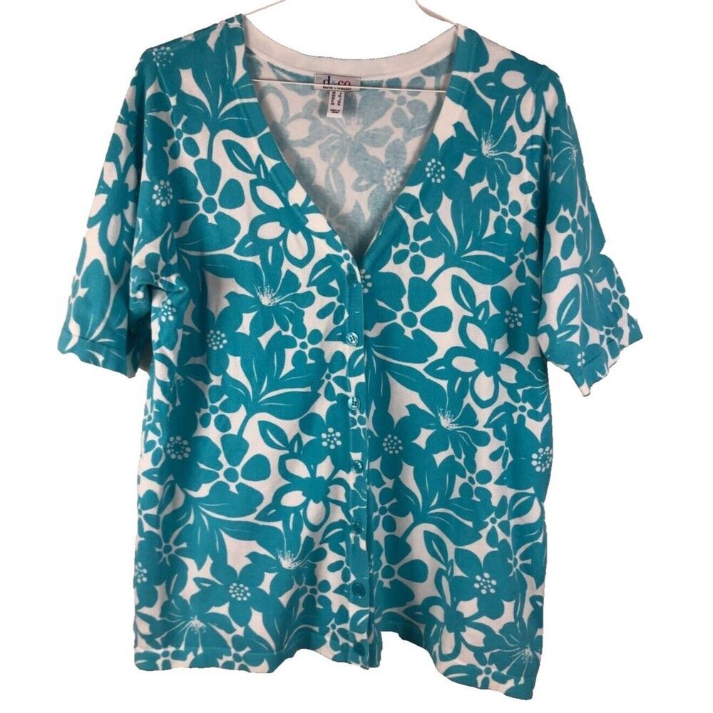 Denim & Co. Women's Size L Cardigan Blue & White Sweater Floral Short Sleeve